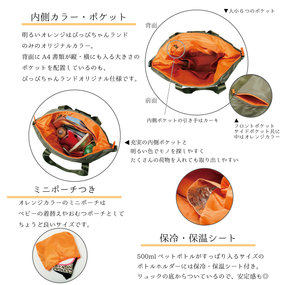 ぴっぴちゃんランド＆HARVEST HILLS限定コラボ2wayマザーズリュック　カーキ×オレンジ